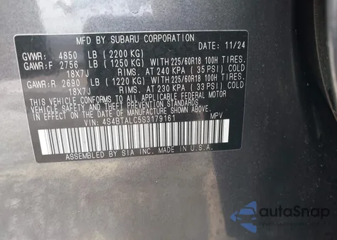 2025 Subaru Outback Onyx Edition z USA, uszkodzony, nr VIN 4S4BTALC5S3179161